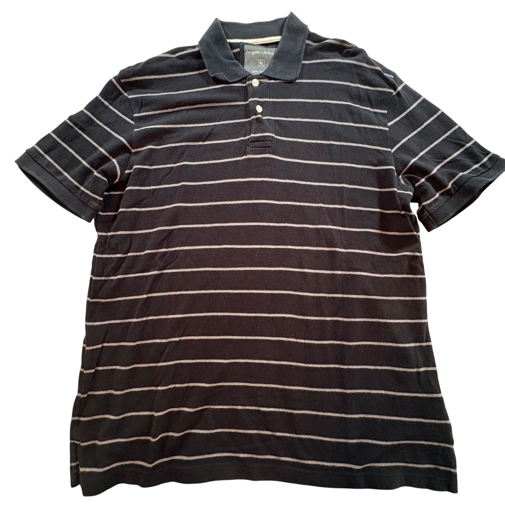 Angelo Litrico Polo Shirt Mens XL Navy Blue Striped Cotton Short Sleeve Casual - Picture 2 of 8